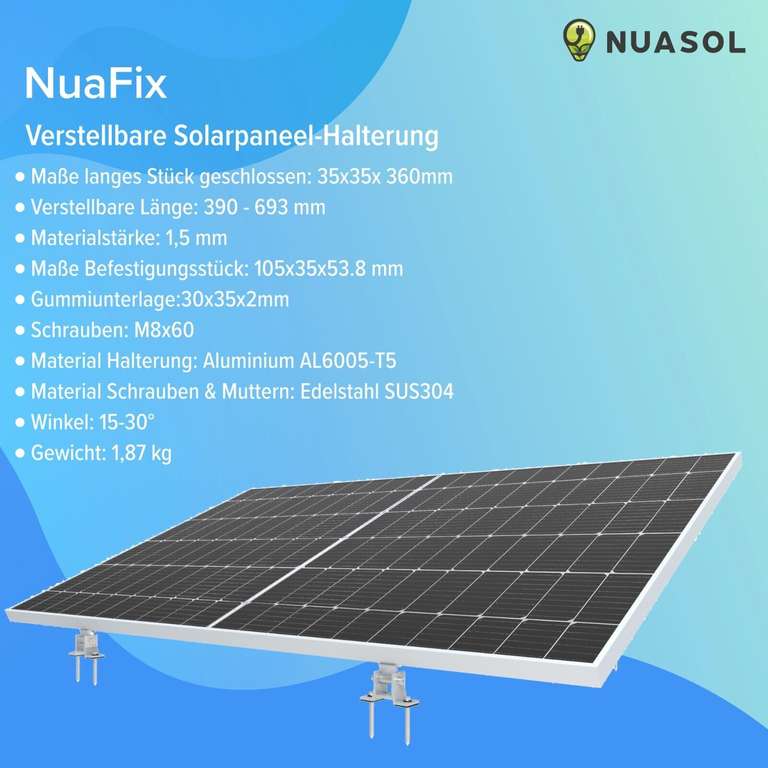 Bestpreis Nuasol Aufständerung Solarmodul Bodenhalterung Balkonkraftwerk Flachdach PV Neigungswinkel 15-30° 4 Stück für 2 Module