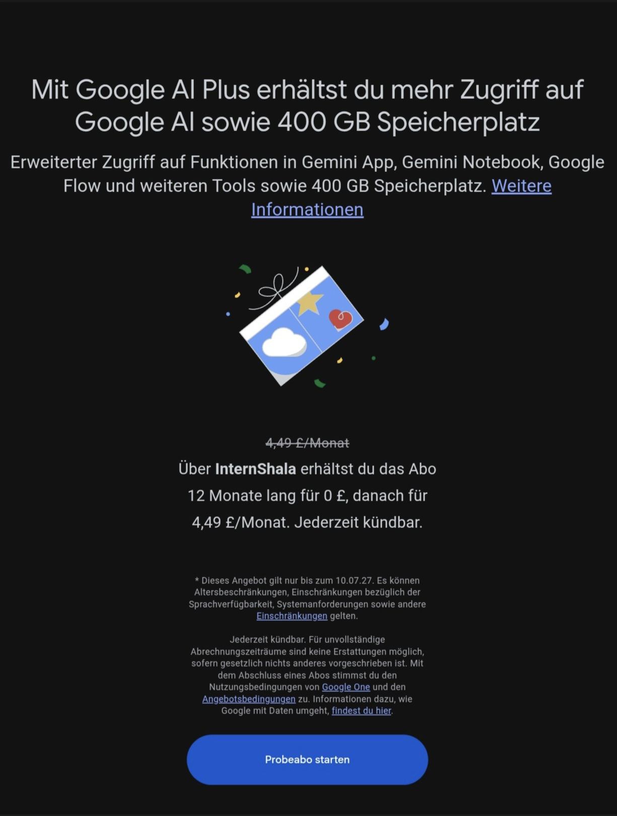 [Internshala] 1 Jahr Google One AI Gemini Plus Abonnement kostenlos erstellen (ohne Kreditkarte - mit UK Paysafecard)