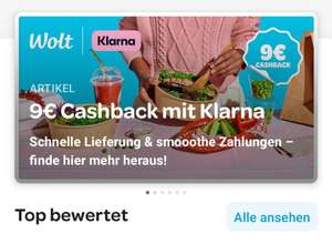 Wolt - 9€ Cashback bei Bezahlung mit Klarna (15€MBW)