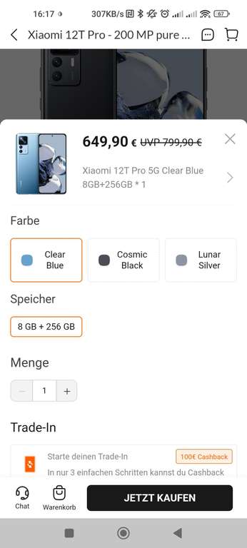 Xiaomi Mi 12t Pro blau 8/256- Effektivpreis 459€