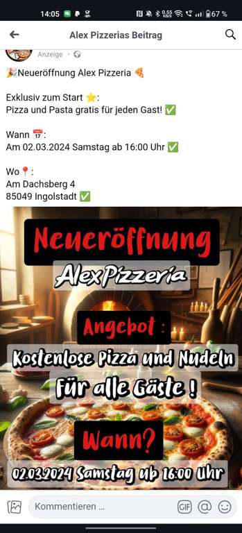 Gratis Pizza und Pasta bei Alex Pizzeria in Ingolstadt