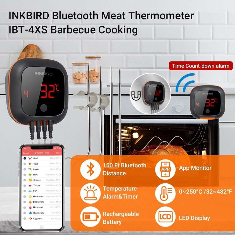 Grillthermometer Inkbird ibt-4Xs, Bluetooth Fleischthermometer mit 4 Sonden
