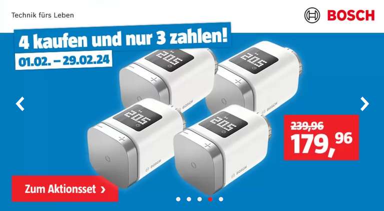 Bosch Smart Home Heizkörperthermostat II für 44,99 Euro bei Kauf von vier Stück - im Geschäft ohne Versandkosten