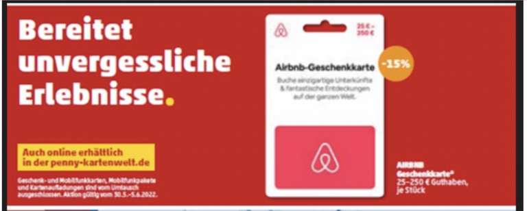 15% Rabatt auf Airbnb Geschenkkarten bei Penny /Penny-Kartenwelt - ab 30.05.