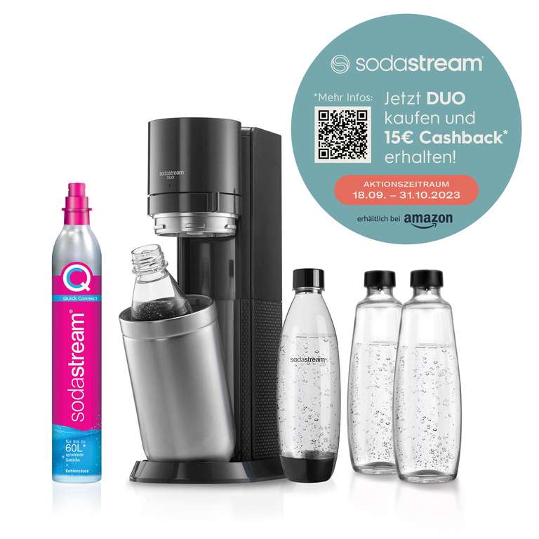 SodaStream Wassersprudler DUO mit CO2-Zylinder, 2x 1L Glasflasche und 2x 1L spülmaschinenfeste Kunststoff-Flasche