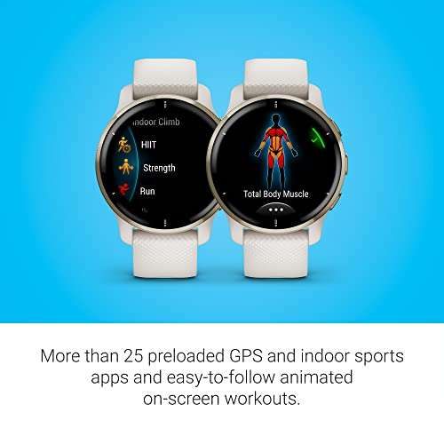 Garmin Venu 2 Plus Smartwatch GPS, Damen, 43 mm, Edelstahl, Polymergehäuse, Silikon, Gold/Elfenbein