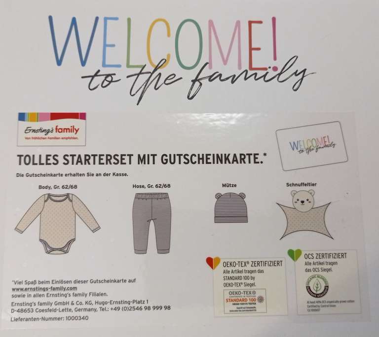 Baby-Starterset bei Ernsting's family für 14,99€ inkl. 10€ Gutschein. (Evtl. nur lokal)
