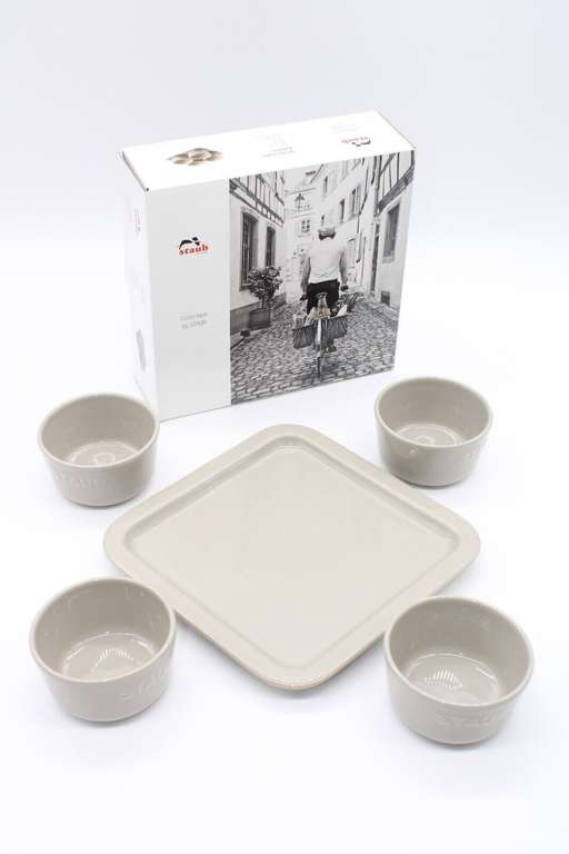 Staub Tapas Set Dipschalen Tablett Keramik Grau 21,5 x 21,5cm -0,15 L- 4er set