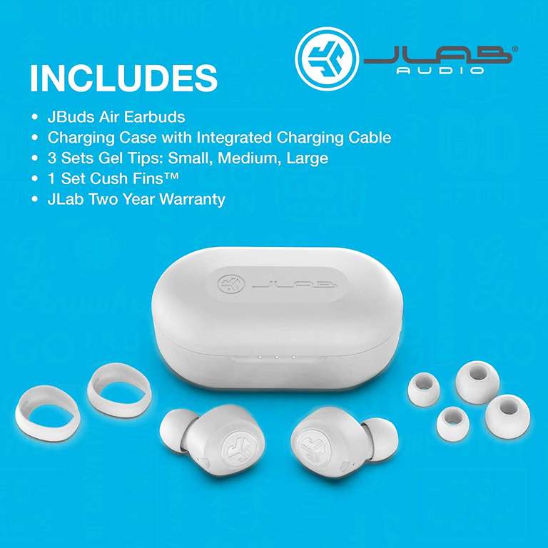 JLab JBuds Air TWS In-Ears weiß (Bluetooth 5.0, AAC, ~6/24h Akku, Ladeetui mit integriertem USB-Kabel, Touch-Bedienung, IP55)