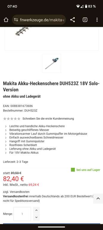 [Bauhaus TPG] Makita 18V Akku Heckenschere DUH523