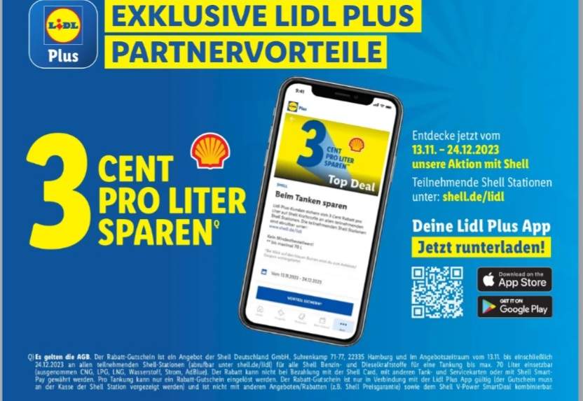 Lidl Plus] 3 Cent pro Liter sparen mit Shell (bis 70l), 13.11.-24.12.