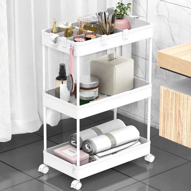 [Amazon Prime] SPACEKEEPER Küchenwagen mit 3 Ebenen, Küchenregal für Küche Büro Bad, 40x13x61cm, Weiß