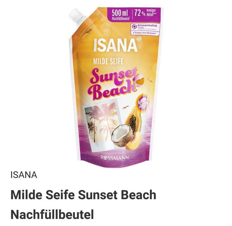 Rossmann Isana Milde Seife Sunset Beach Nachfüllpackung 500ml (2 kaufen+1 gratis)