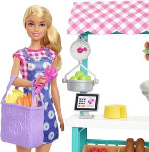 [Prime] Barbie HCN22 - "Spaß auf dem Bauernhof" Bauernmarkt Spielset, Markt-Stand mit Obst, Gemüse und Kasse