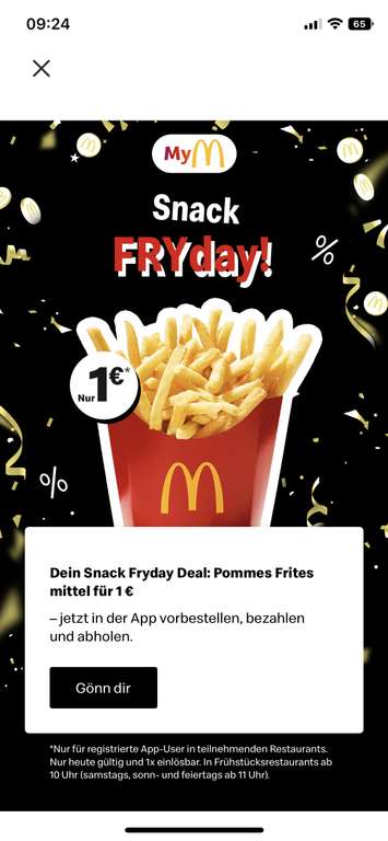 McDonald’s Black Friday mittlere Pommes 1€ nur App