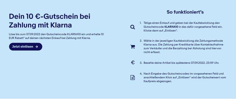 [Personalisiert] eBay: 5 EUR, 10 EUR oder 10% Rabatt bei einer Zahlung mit Klarna (MBW: 20/30 EUR)