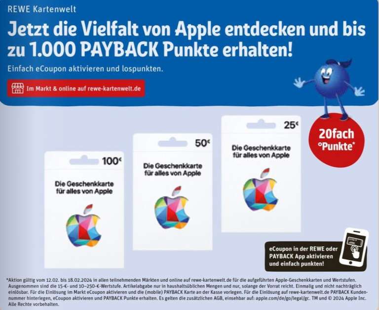 [REWE] 20-Fach Payback Punkte auf Apple Guthabenkarten | 12.02.-18.02.
