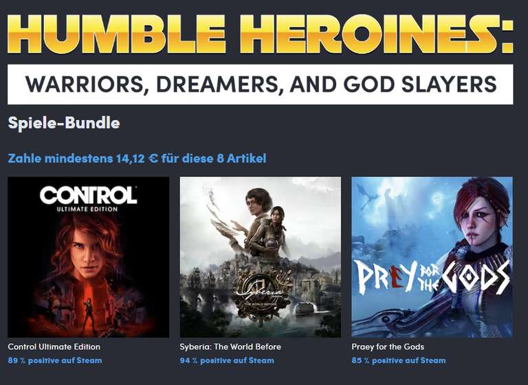 Humble Heroines Bundle Steam Control, Syberia: The World Before, Praey for the Gods, Hellblade, Batora, Sable, Dreamscaper, Call of the Sea