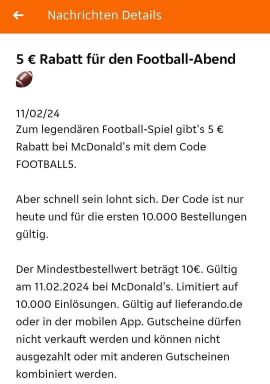 Lieferando McDonalds 5€ Gutschein Mbw 10€