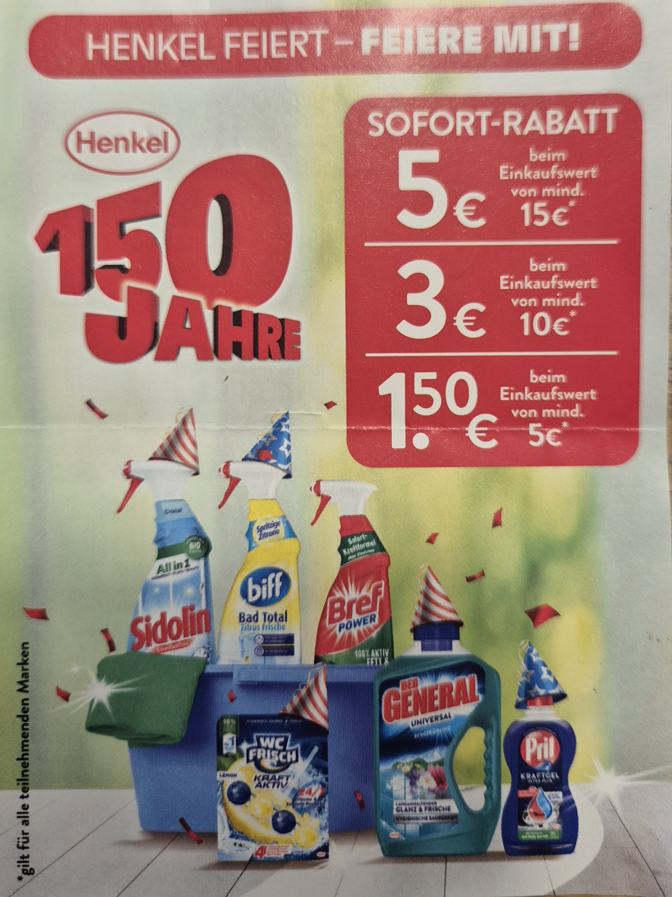 Sofortrabatt auf Henkel Produkte (Sidolin, Buffet, Brief, WC frisch, General, Pril) 1.50 ab 5€ / 3 ab 10€ / 5 ab 15€ Einkaufswert