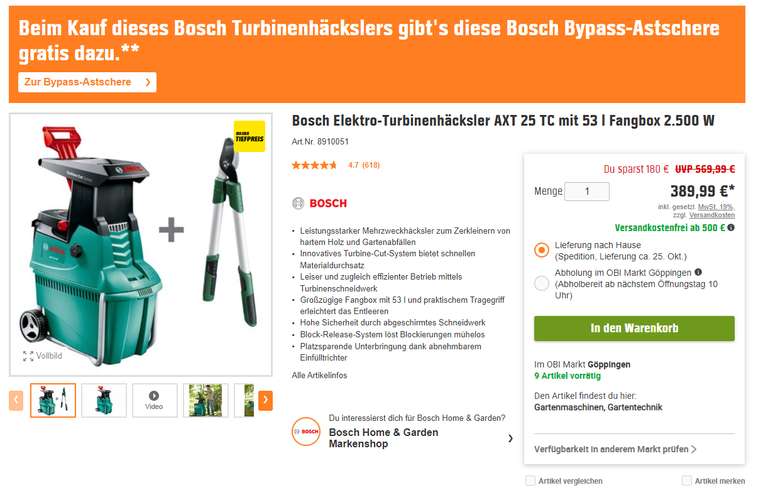 [OBI Filialabholung] Bosch AXT 25 TC + Astschere effektiv 316,79