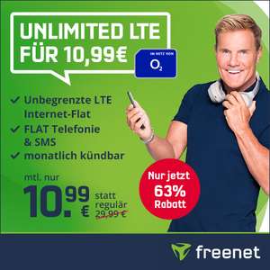 [o2-Netz + mtl. kündbar] freenet o2 Unlimited Basic (unbegrenzt LTE 2 Mbit/s) für mtl. 10,99€ mit Allnet- & SMS-Flat, VoLTE & WLAN Call