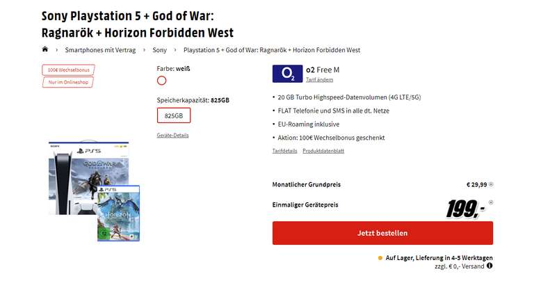 Sofort verfügbar: Sony Playstation 5 + God of War: Ragnarök + Horizon Forbidden West + o2 Free M Tarif (inkl. 100€ Wechselbonus)