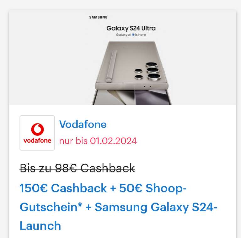 [Vodafone + Shoop] 150€ Cashback + 50€ Shoop-Gutschein* + Samsung Galaxy S24-Launch