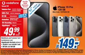 Lokal, Vodafone Netz, GigaKombi: Apple iPhone 15 Pro im Allnet/SMS Flat 80GB 5G für 39,99€/Monat, 149€ Zuzahlung, 100€ Wechselbonus