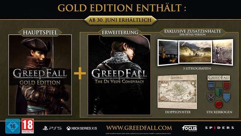 GreedFall Gold Edition [PS5] | inkl. Erweiterung „The de Vespe Conspiracy“, 3 Lithografien, Doppelposter, Stickerbogen