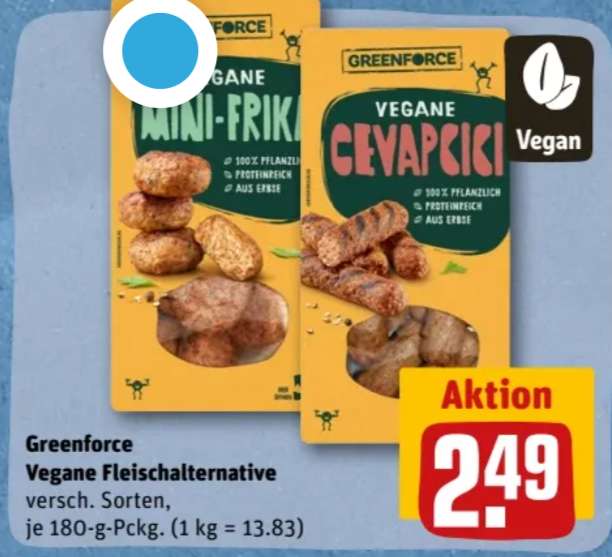 [Rewe] Greenforce vegane Fleischalternativen z.B. Cevapcici / Mini-Frikadellen für 1,24 € (Angebot + Coupon / Cashback) - bundesweit