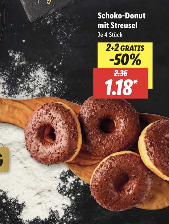 Schoko-Donut mit Streusel bei Lidl 50% / je 4 Stück / 4 kaufen und nur 2 zahlen