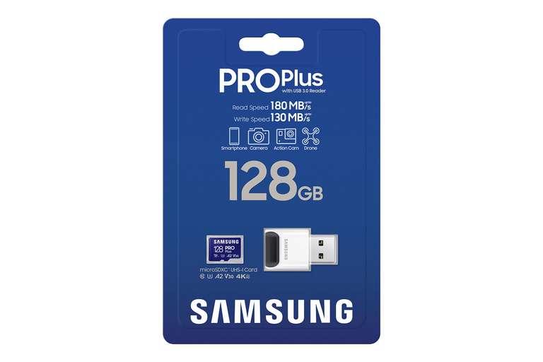 Samsung PRO Plus microSD-Karte + USB-Kartenleser, 128 GB, 180 MB/s Lesen, 130 MB/s Schreiben, PRIME