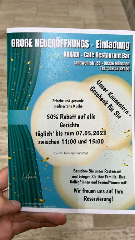 [Lokal] 50% auf alle Gerichte - Neueröffnung - Arkadi Restaurant München