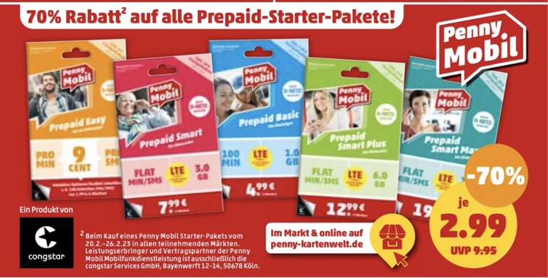 [Penny Mobil] Prepaid Starterset 70% Rabatt (nur 2,99 € statt 9,95 €)