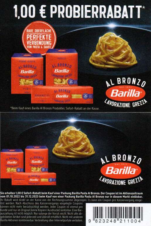 Barilla Al Bronzo versch. Sorten 400 g für 0,79 € (Angebot + Coupon) [HIT]
