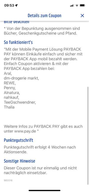 Payback 50 Extra °P bei Bezahlung mit Pay