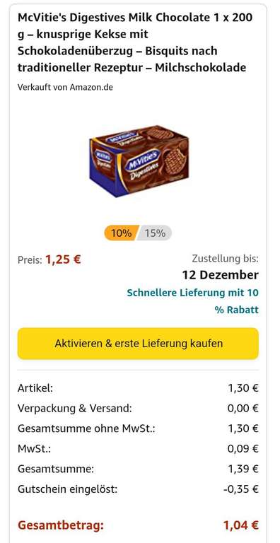 Amazon Prime Spar-Abo: 200g ( 12 Kekse) Mc Vitie's Digestives , mit Schokoladenüberzug , Vollkorn