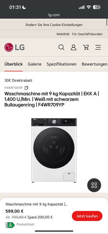 LG Waschmaschine mit 9 kg Kapazität | EKK A | 1.400 U./Min. | Weiß mit schwarzem Bullaugenring | F4WR709YP (Unidays)
