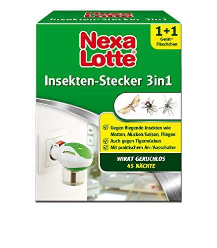 Nexa Lotte Insektenschutz 3-in-1 Starterpack, Mückenstecker, Elektroverdampfer gegen fliegende Insekten, Gerät+35ml Flasche (Prime)
