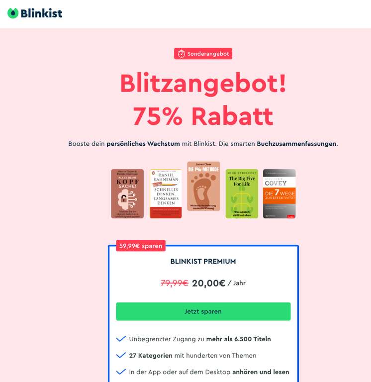 Blinkist Deutschland 75% Reduziert (20€)