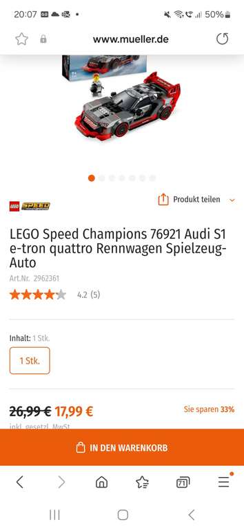 LEGO Speed Champions 76921 Audi S1 e-tron quattro Rennwagen Klemmbaustein