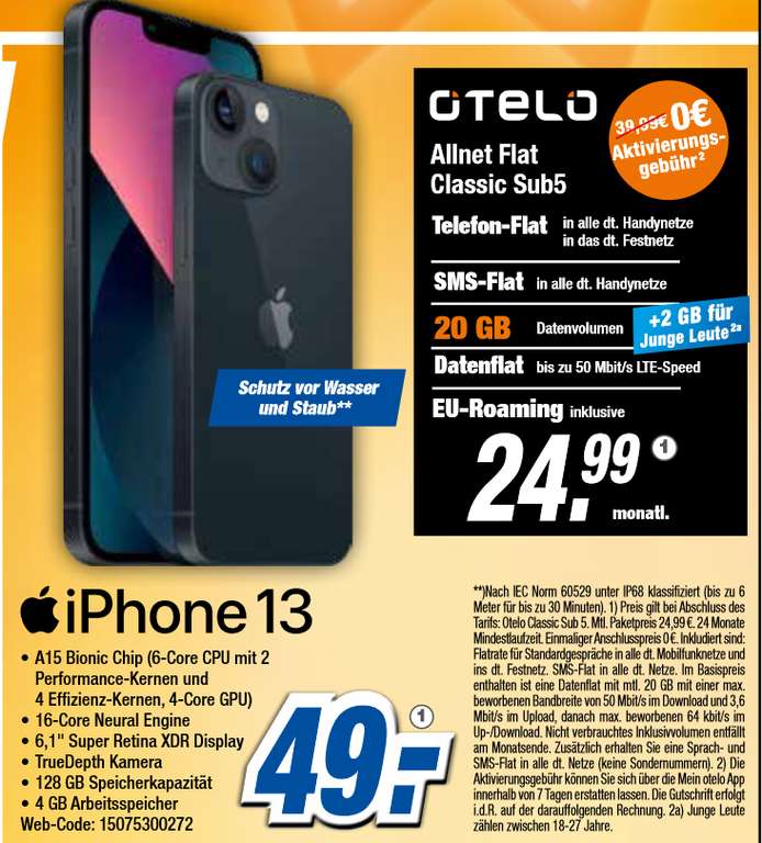 Lokal Kamen, Menden, Vodafone Netz: Apple iPhone 13 im Otelo Allnet/SMS Flat 20GB LTE 24,99€/Monat, 49€ Zuzahlung, 0€ AG, 10€ Wechselbonus