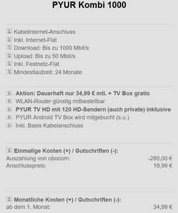 PYUR Kabel Kombi inkl. HD TV & TV Box: PYUR 1000 Kombi 23,99€/Monat; PYUR Kombi 400 19,99€/Monat; PYUR Young 100 11,66€/Monat