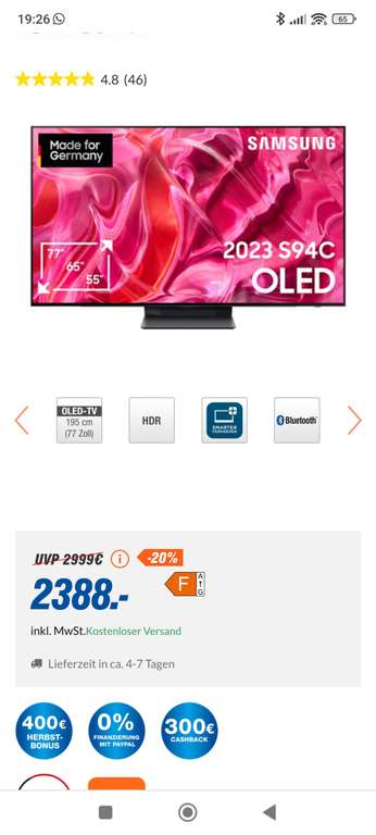 Samsung 77 Zoll 4K TV 1688,- Cashback + S94C mydealz Prozessor Neural | cm, 300 LaserSlim (195 Design, 4K), Quantum OLED