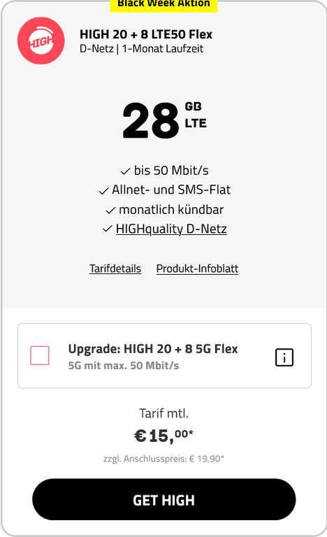 Telekom Netz, Sim Only: High Mobile Allnet/SMS Flat 28GB LTE bis 50Mbit/s für 15€/Monat bzw. 12,92€/Monat bei RNM, Check24 11,66€/Monat
