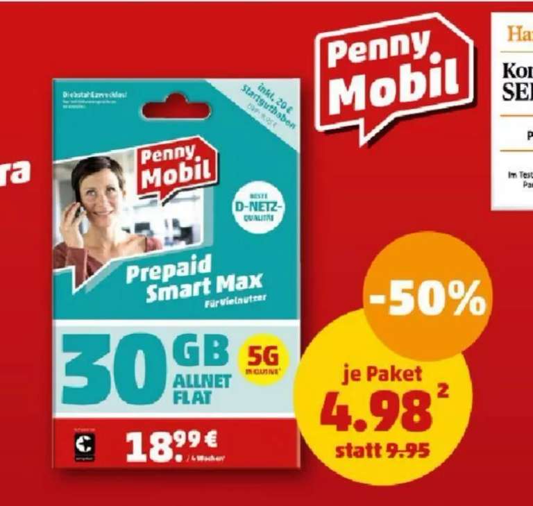 Penny Mobil Prepaid Smart Max 10 GB extra Telekom Netz / Starterpakete 50% Rabatt