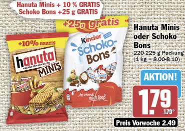 [Hit] Kinder Schoko-Bons oder Hanuta Minis in der 220 bis 225 Gramm Tüte (10% Extra / 25 Gramm Gratis) Nur 1,79 €