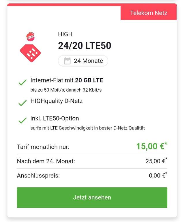 [D1-Netz] SIM-Only | 20 GB LTE | 50 Mbit/s | All-net Flat | 15,00€/mtl. | 0,00€ AG | 24 Monate | Deinhandy.de