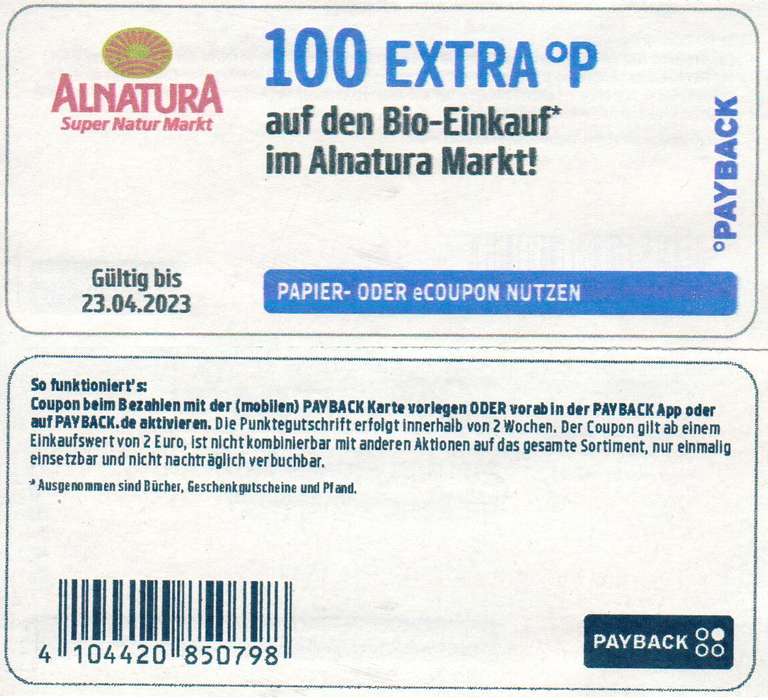 100 Payback Extra Punkte Coupon für einen Einkauf bei ALNATURA ab 2€ bis 23.04.2023